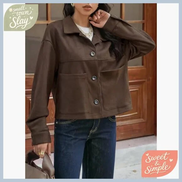 Cropped Faux Suede Jacket Lapel Collar Button Down Casual Winter Shacket - Picture 5 of 6